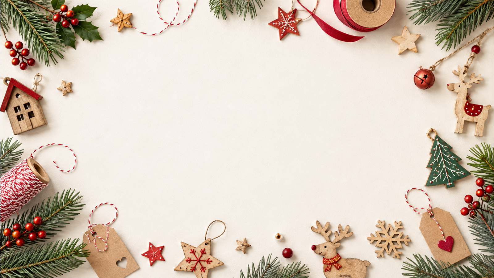 Christmas wooden ornaments, evergreen branches, red accents, and a warm handmade craft aesthetic.