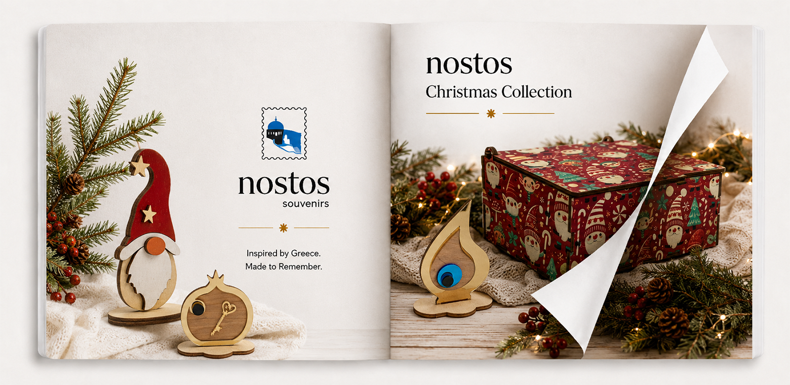 The Nostos Collection catalog lying open with a curling page corner